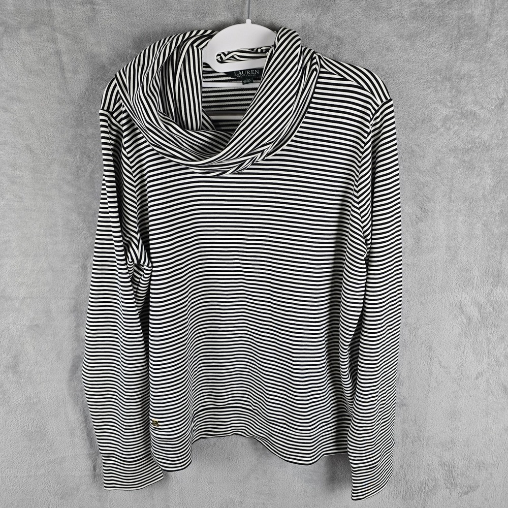 Lauren Ralph Lauren Womens Black White Striped Cowl Neck Top Long Sleeve L